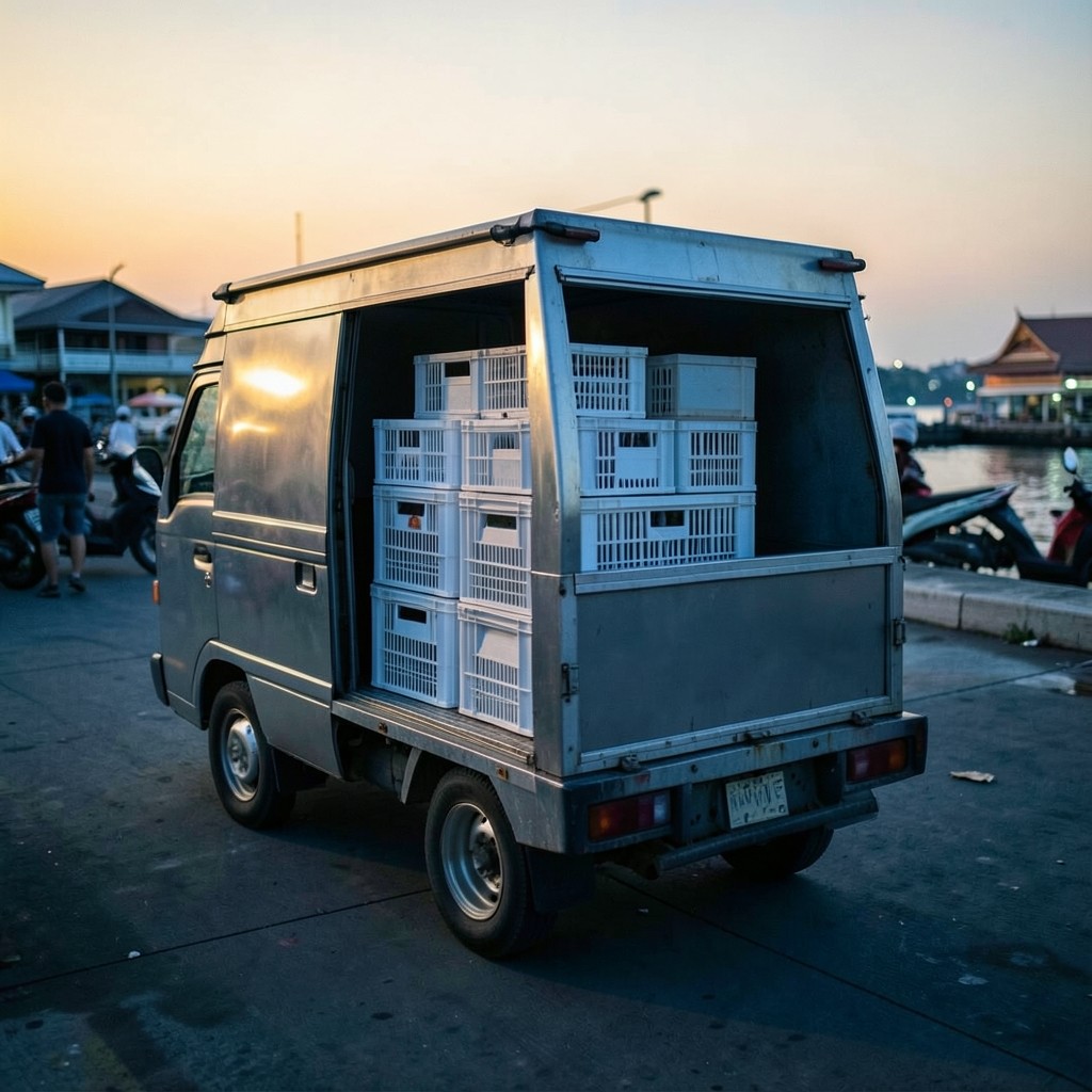 Insulated crates being loaded into a refrigerated van near a pier