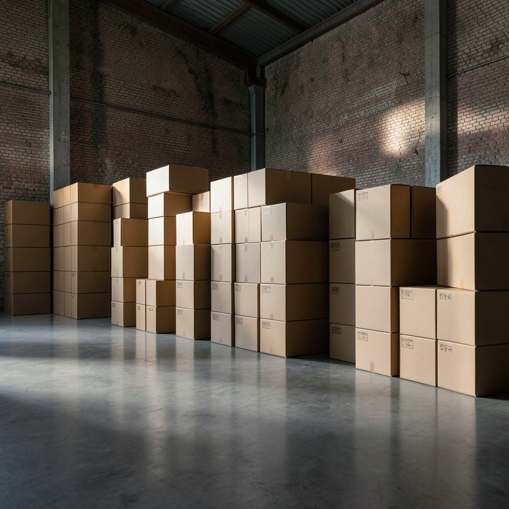 Stacked cartons waiting in a staging lane inside a distribution warehouse