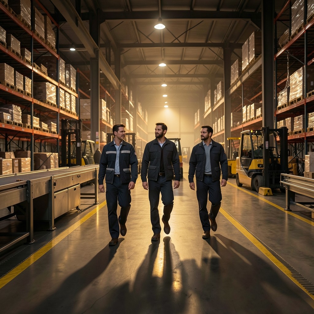 Team walking a warehouse outbound lane during peak shipping hours