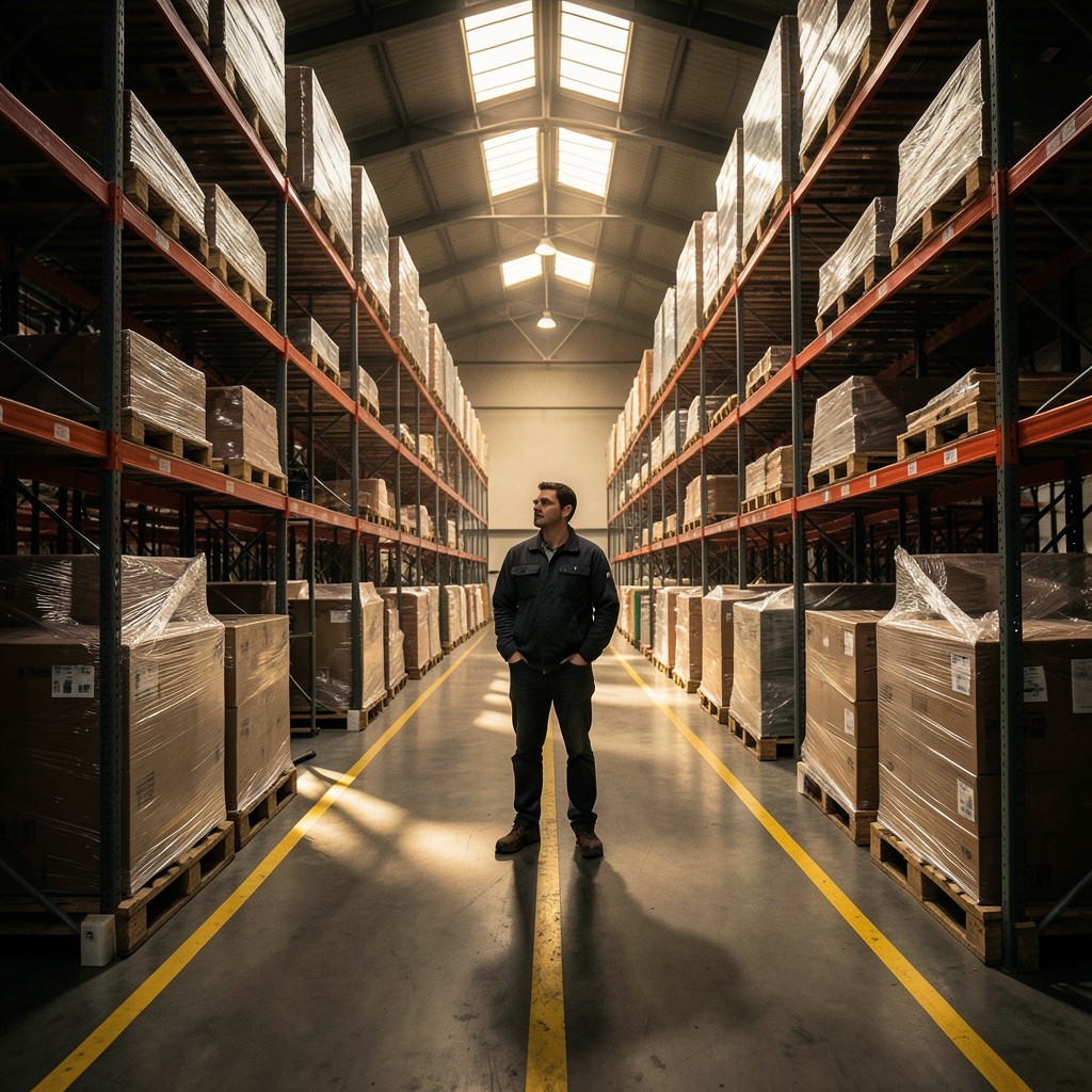 Analyst reviewing outbound staging lanes inside a distribution warehouse