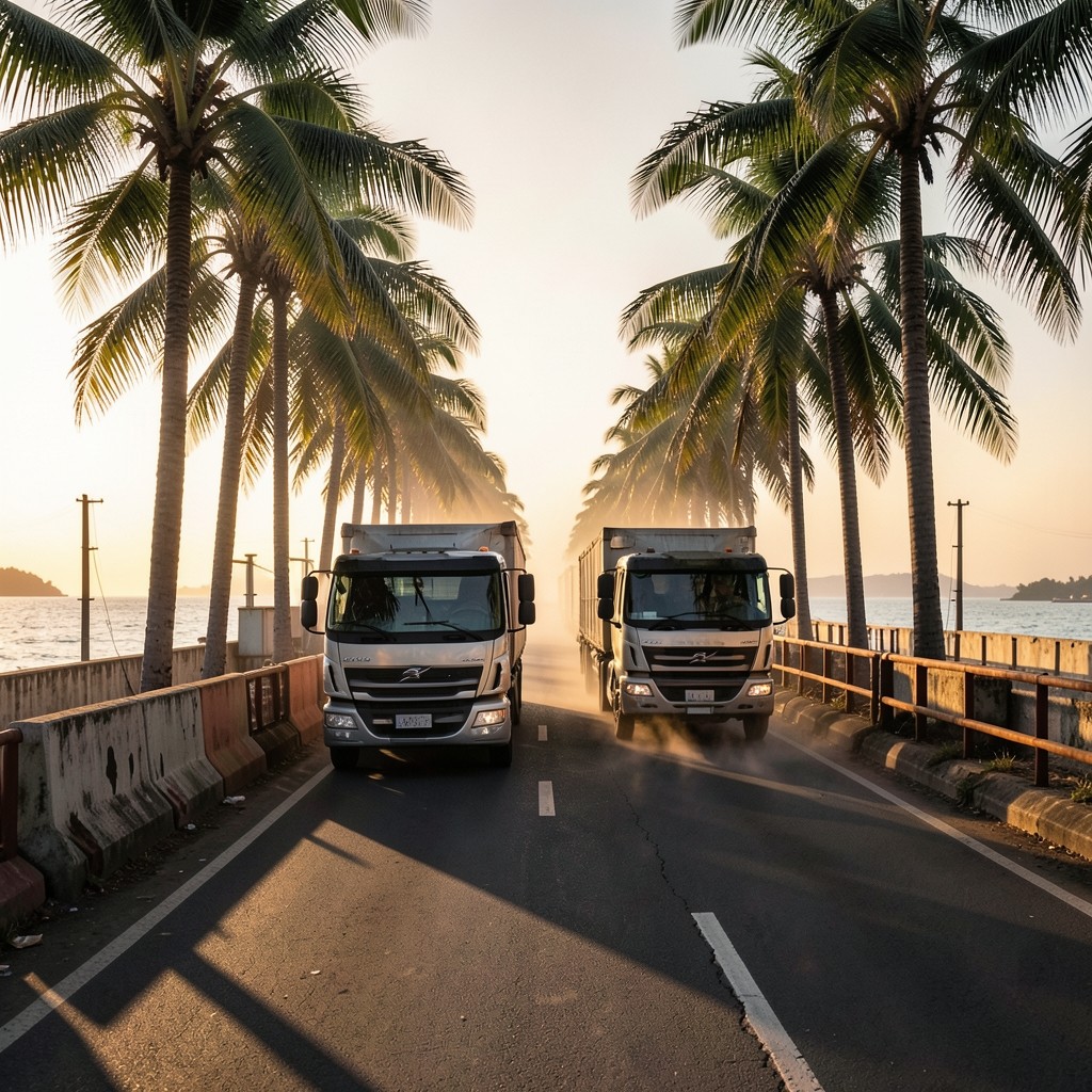 Coastal road with freight trucks near Phuket industrial outskirts
