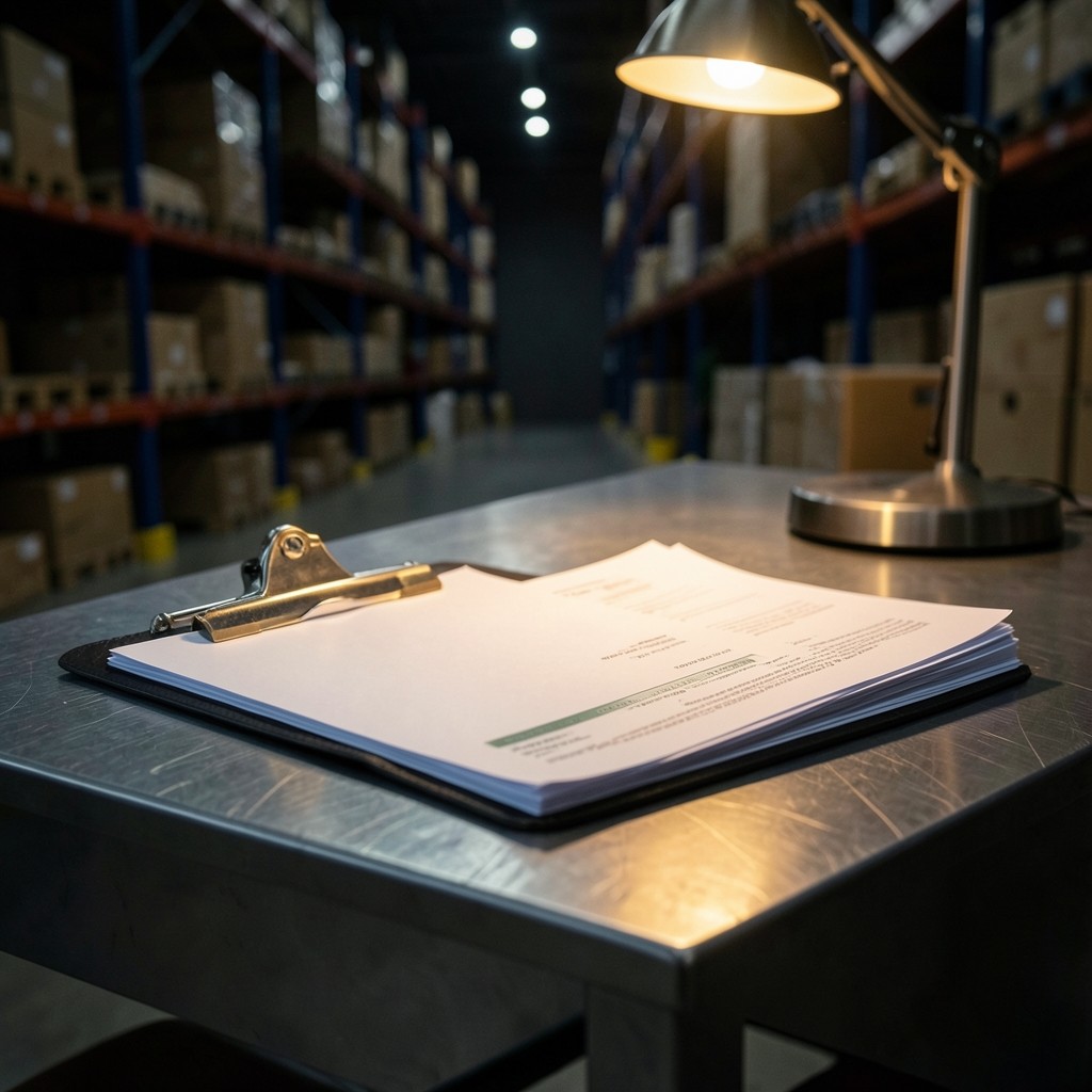 Clipboard and shipment paperwork on a steel desk beside a warehouse aisle
