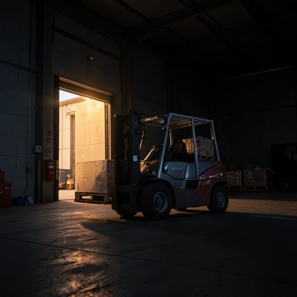 Forklift moving palletized goods toward truck bays at dusk