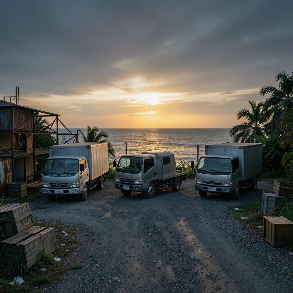Delivery trucks lined along a coastal industrial road in Thailand