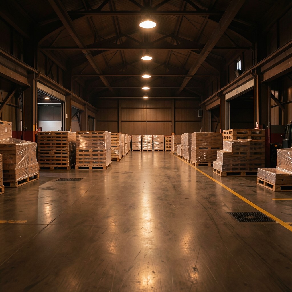Warehouse loading dock with outbound pallets under warm industrial lighting